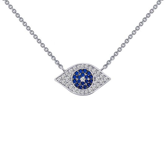 Simulated diamond and sapphire eye pendant.