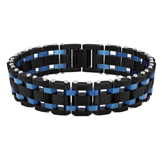 Black and blue stainless steel link bracelet.