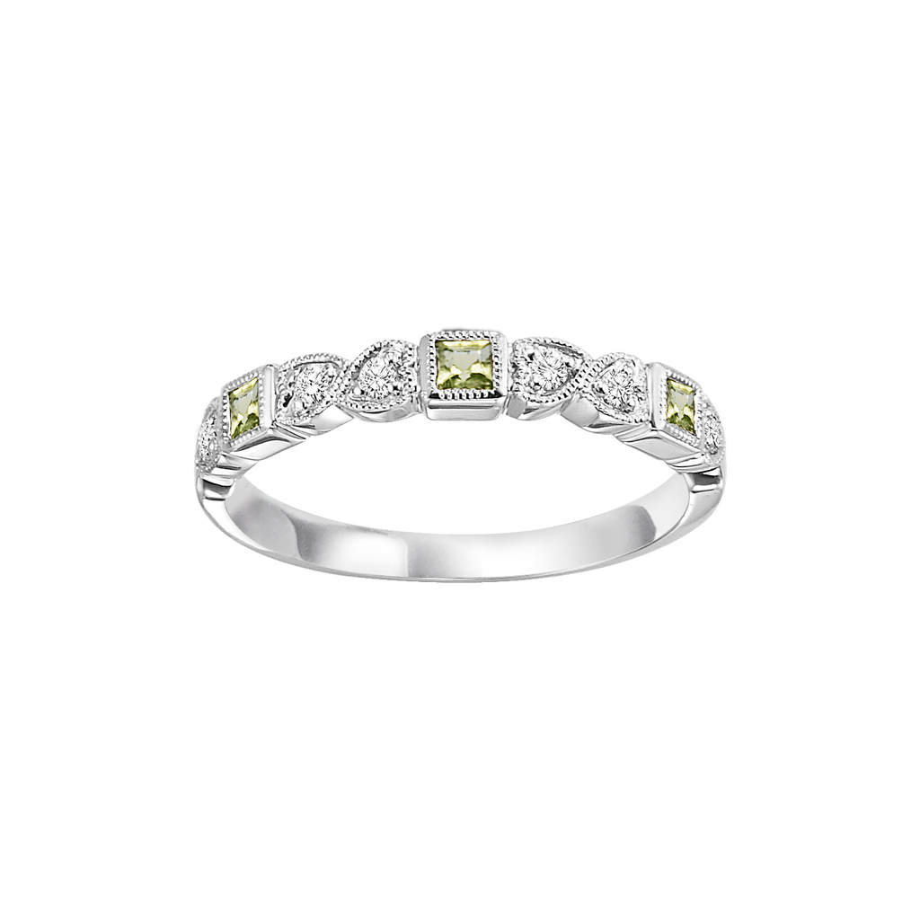 10K white gold band with peridot gemstones.