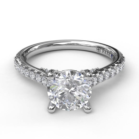 Side Stone Natural Diamond Semi-Mount Engagement Ring in 14 Karat White with 34 Round Diamonds, Color: G/H, Clarity: SI1, totaling 0.31ctw