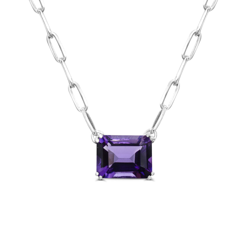 Emerald-cut amethyst pendant on paperclip chain.