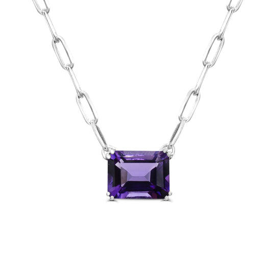 Pendant Color Gemstone Necklace in Sterling Silver White with 1 Emerald Amethyst 2.00ctw