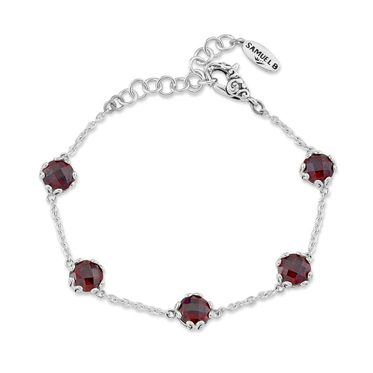 Station Color Gemstone Bracelet in Sterling Silver White with 5 Round Garnets