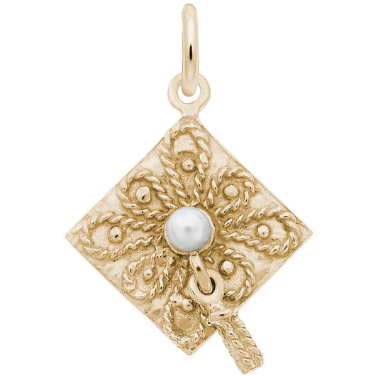 Gold-plated graduation cap charm with pearl.