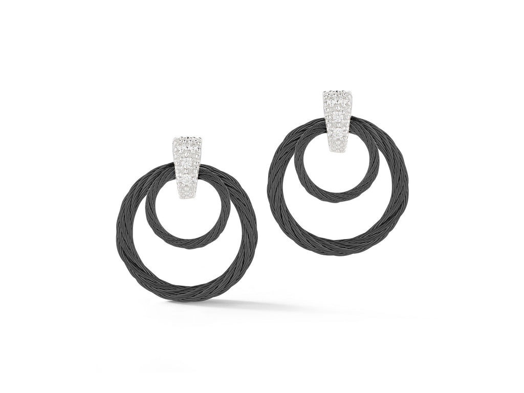 Stud Natural Diamond Earrings in Stainless Steel Cable - 18 Karat White - Black with 0.07ctw Round Diamond