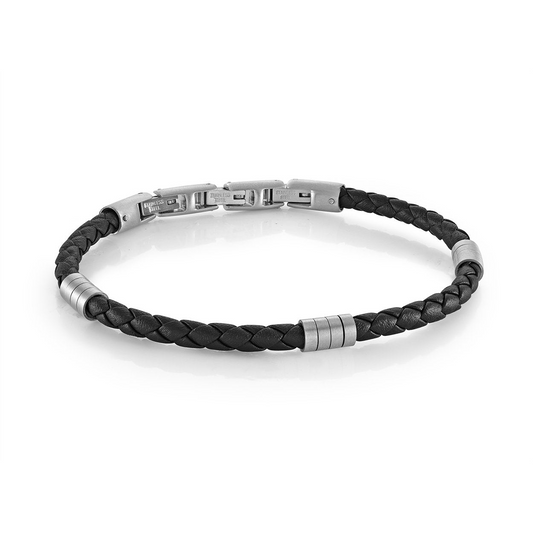 Braid Bracelet (No Stones) in Stainless Steel - Leather White - Black