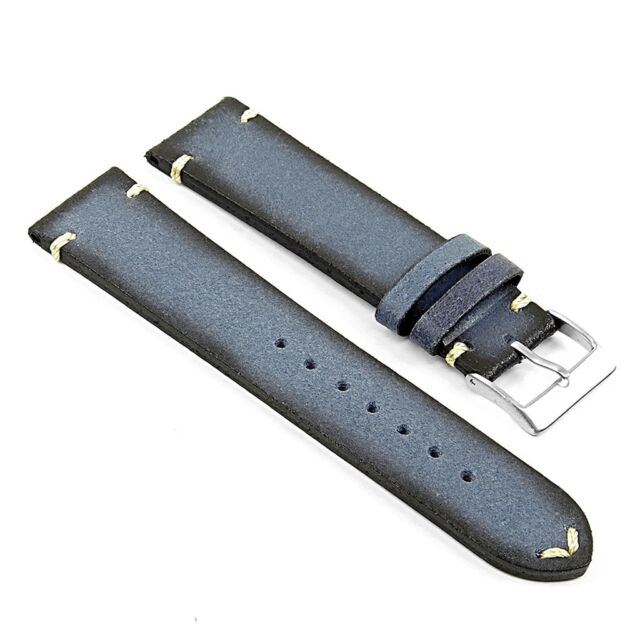 Blue leather watch band with tang buckle.