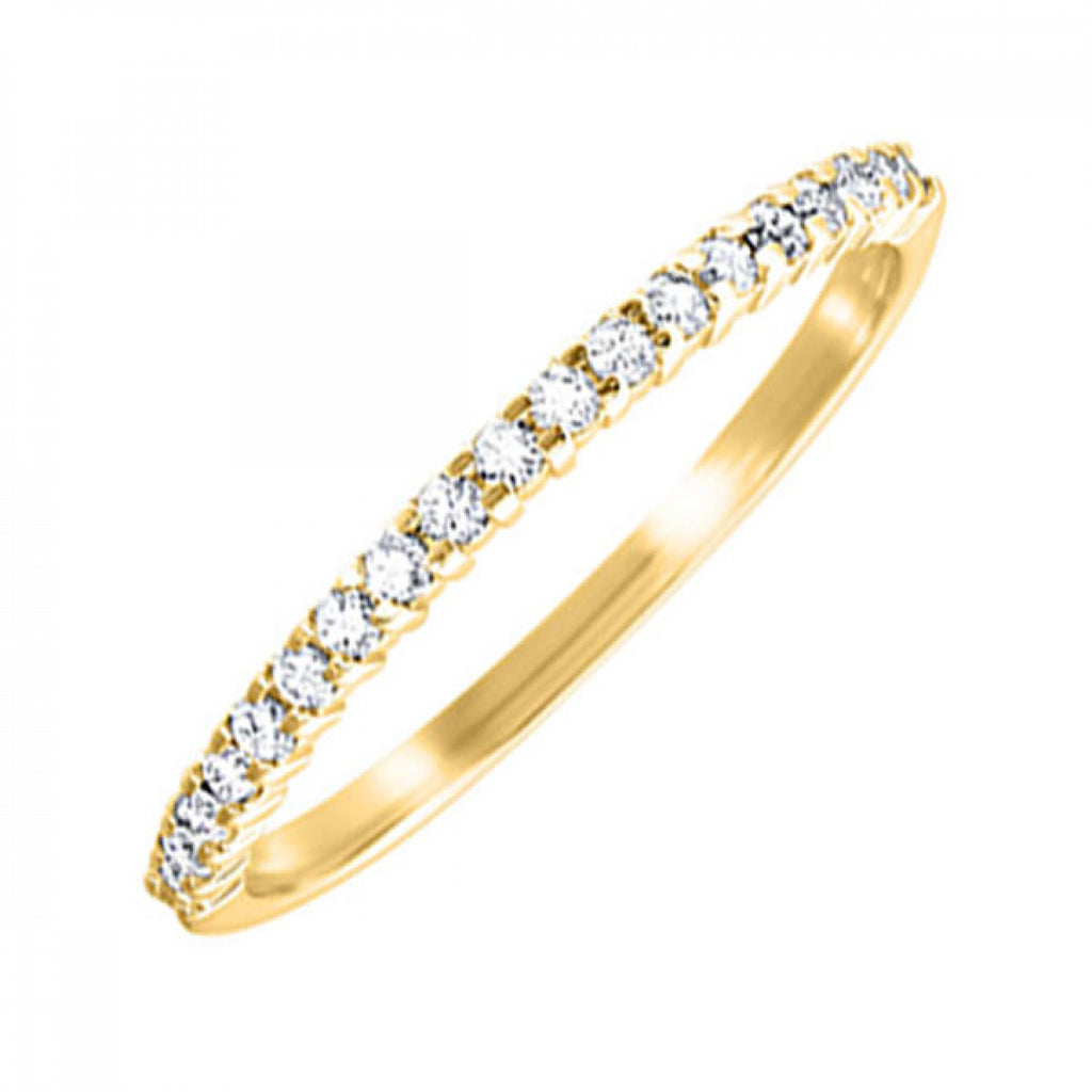 Yellow gold band with round diamonds.