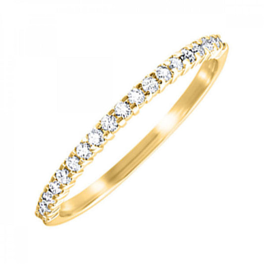Yellow gold band with round diamonds.