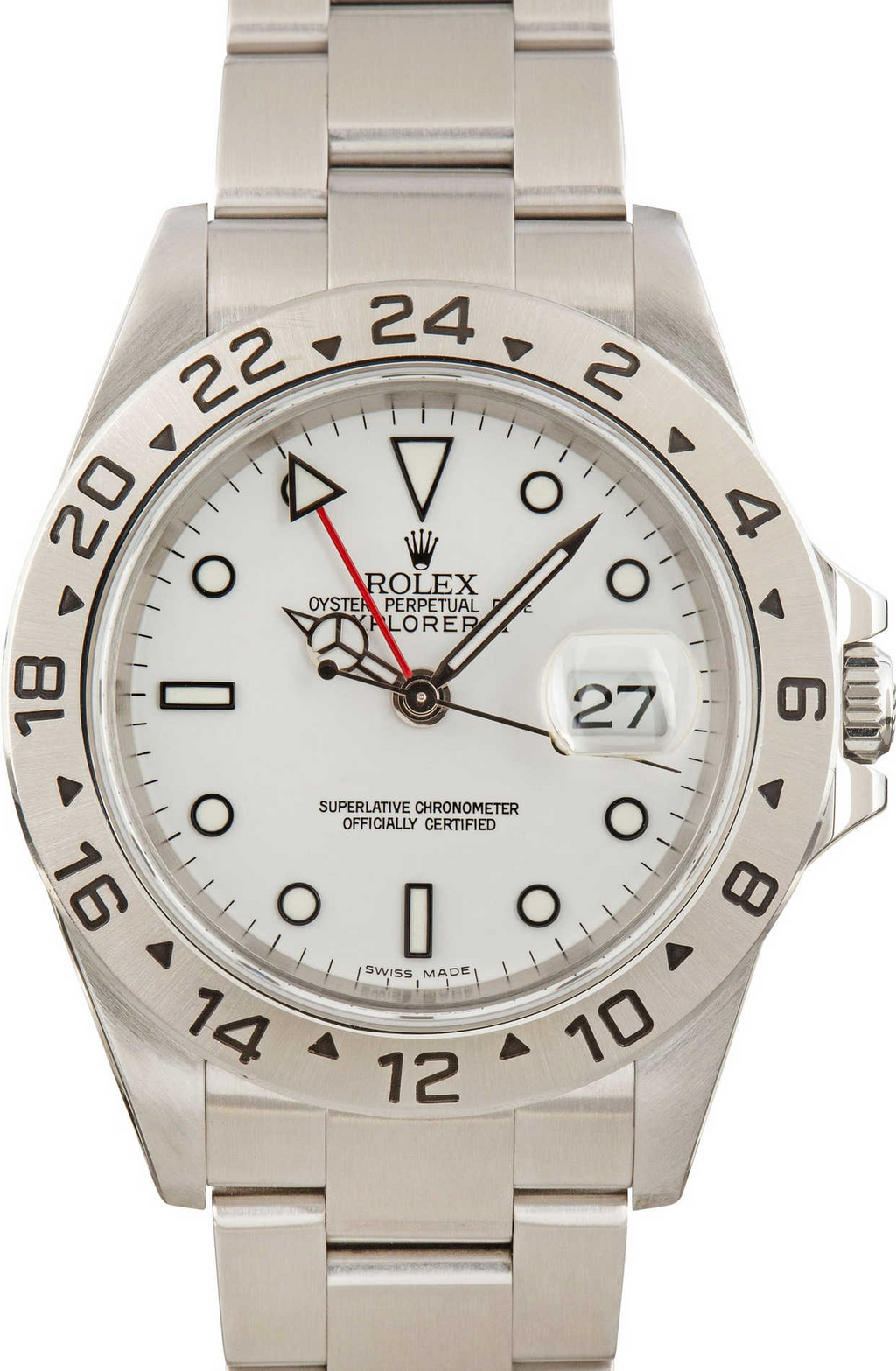 Stainless steel watch with white index dial.