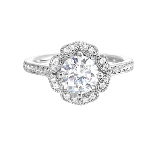 Halo Floral Vintage Natural Diamond Semi-Mount Engagement Ring in 14 Karat White with 34 Round Diamonds, totaling 0.24ctw