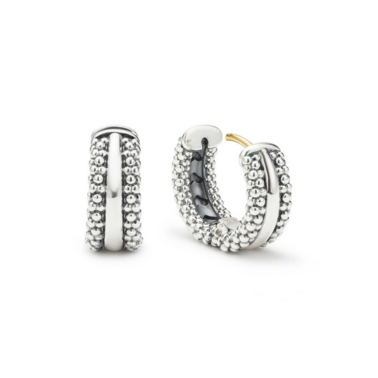 Sterling silver beaded huggie earrings.