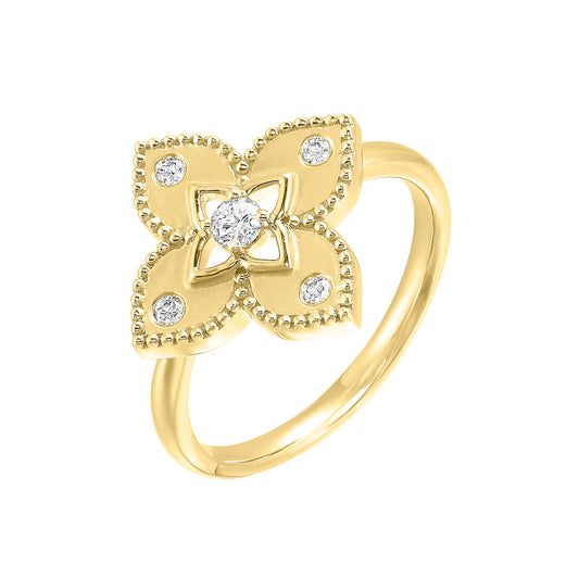 Yellow gold ring with floral diamond design.