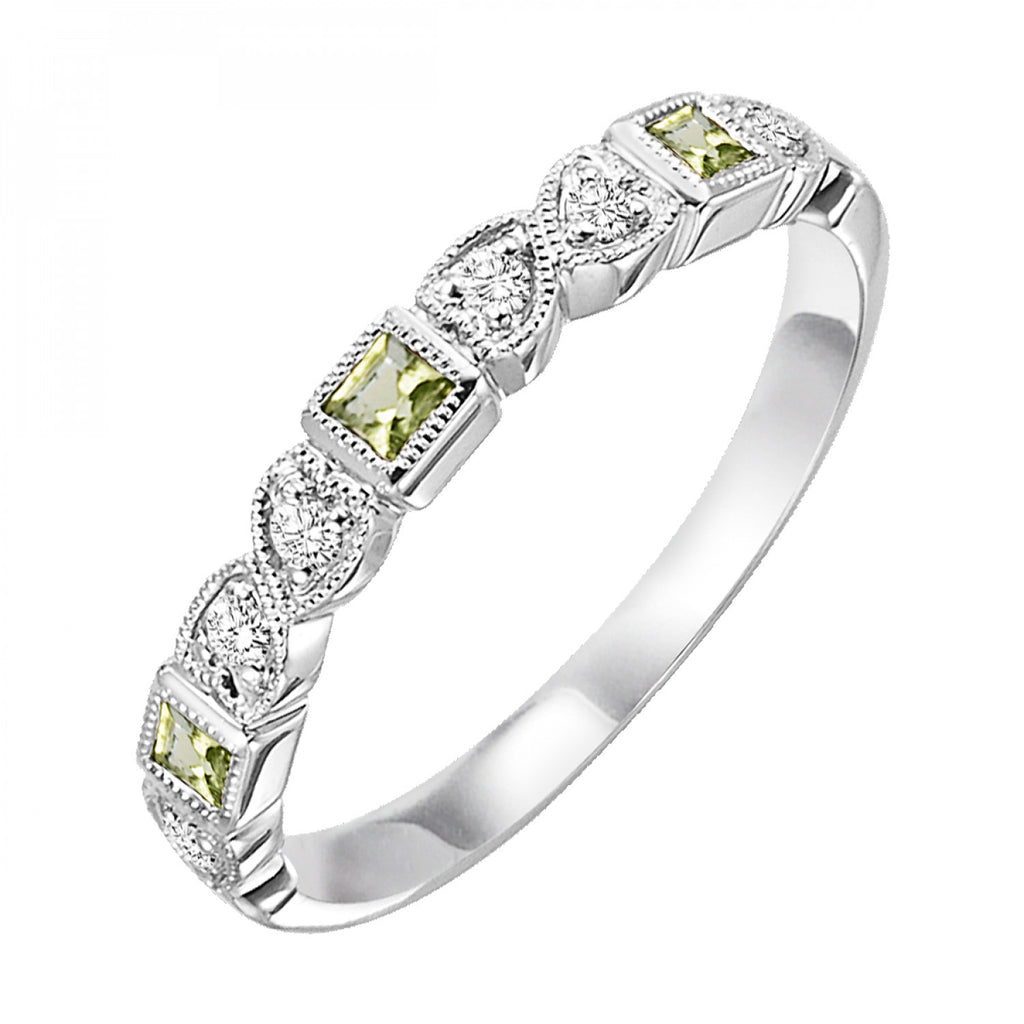 Peridot and diamond band in white gold.