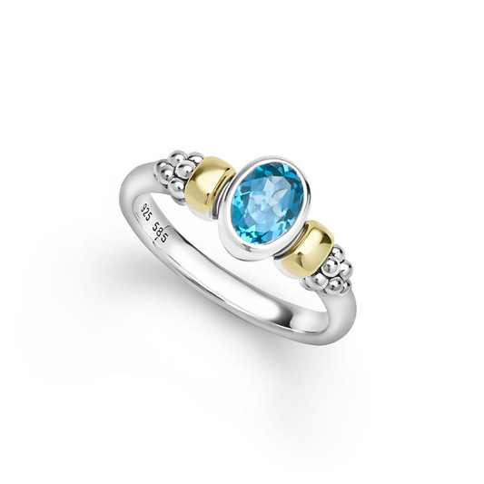 Lagos Signature Caviar Collection Color Gemstone Ring in Sterling Silver - 14 Karat White - Yellow with 1 Oval Blue Topaz 8mm-8mm