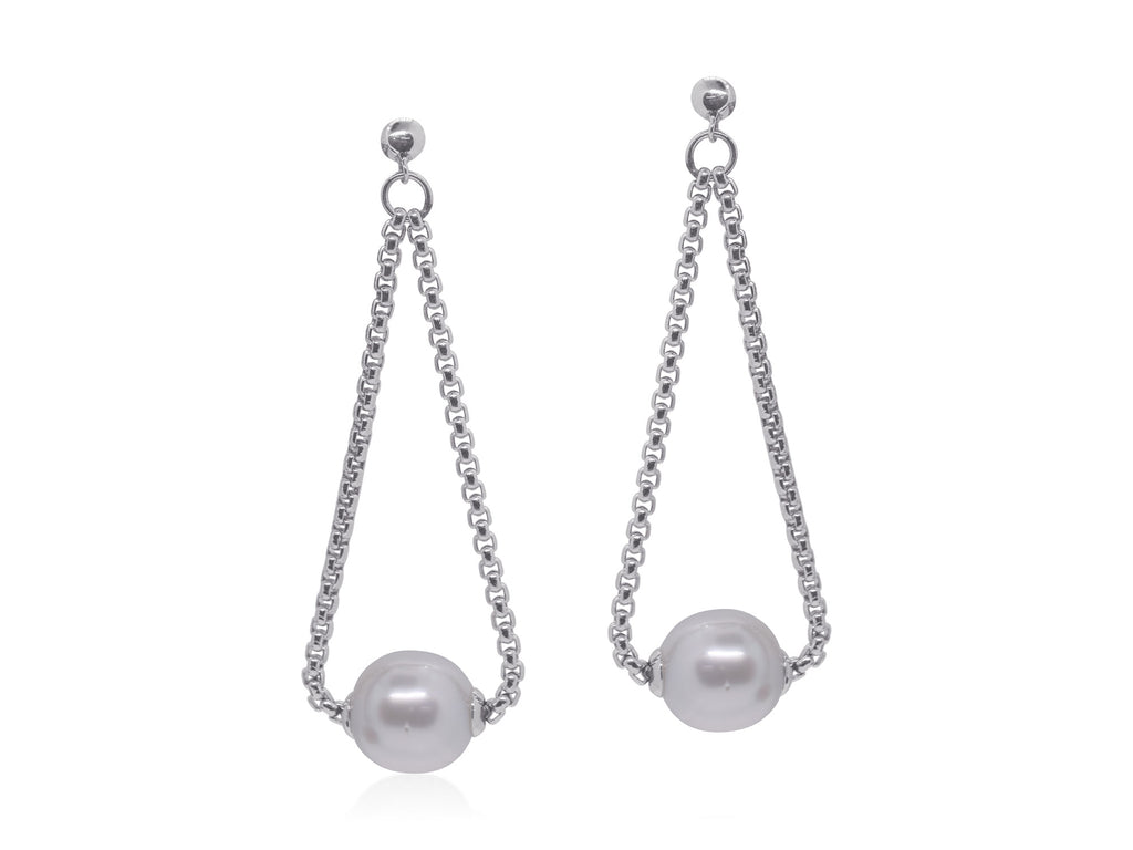 Drop Color Gemstone Earrings in Stainless Steel - 14 Karat White with 2 South Sea Pearls 11mm-12mm