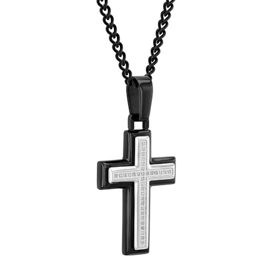 Black stainless steel cross necklace with diamonds.