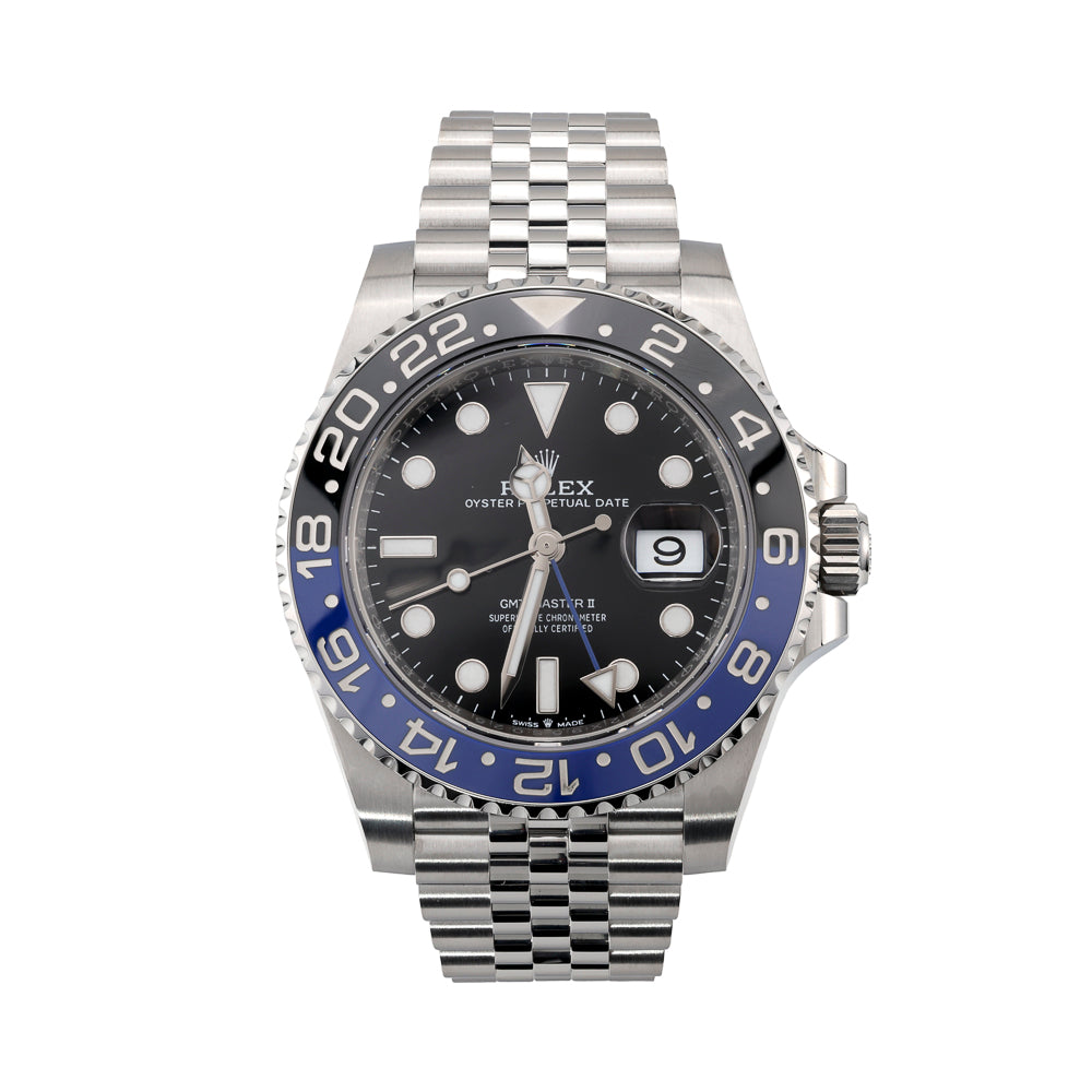 Stainless steel watch with black dial, sapphire crystal.