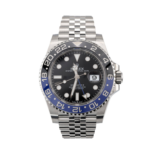 Stainless steel watch with black dial, sapphire crystal.