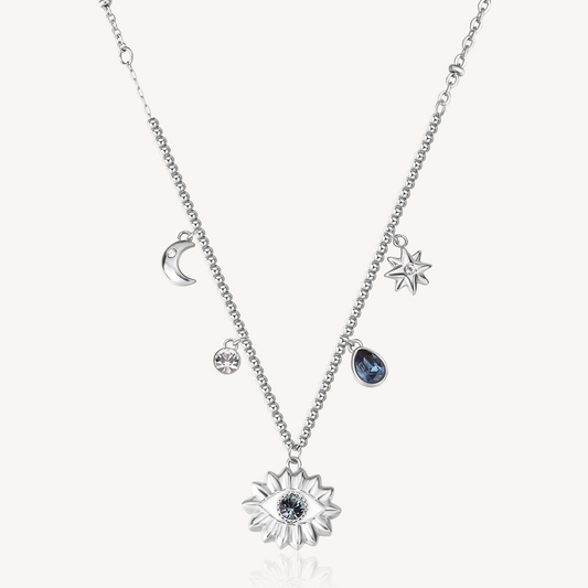 Station Color Gemstone Necklace in Stainless Steel White with 2 Various Shapes Blue Crystals