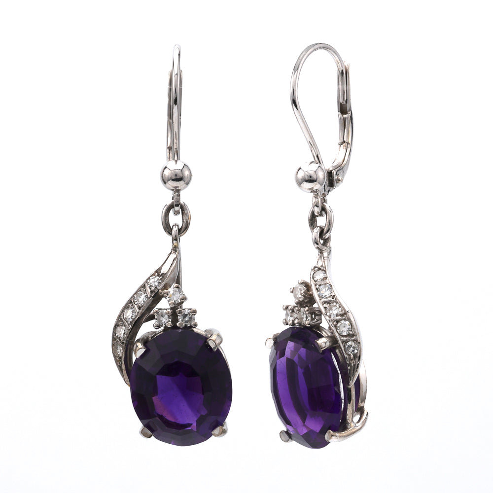 18K white gold amethyst diamond earrings.