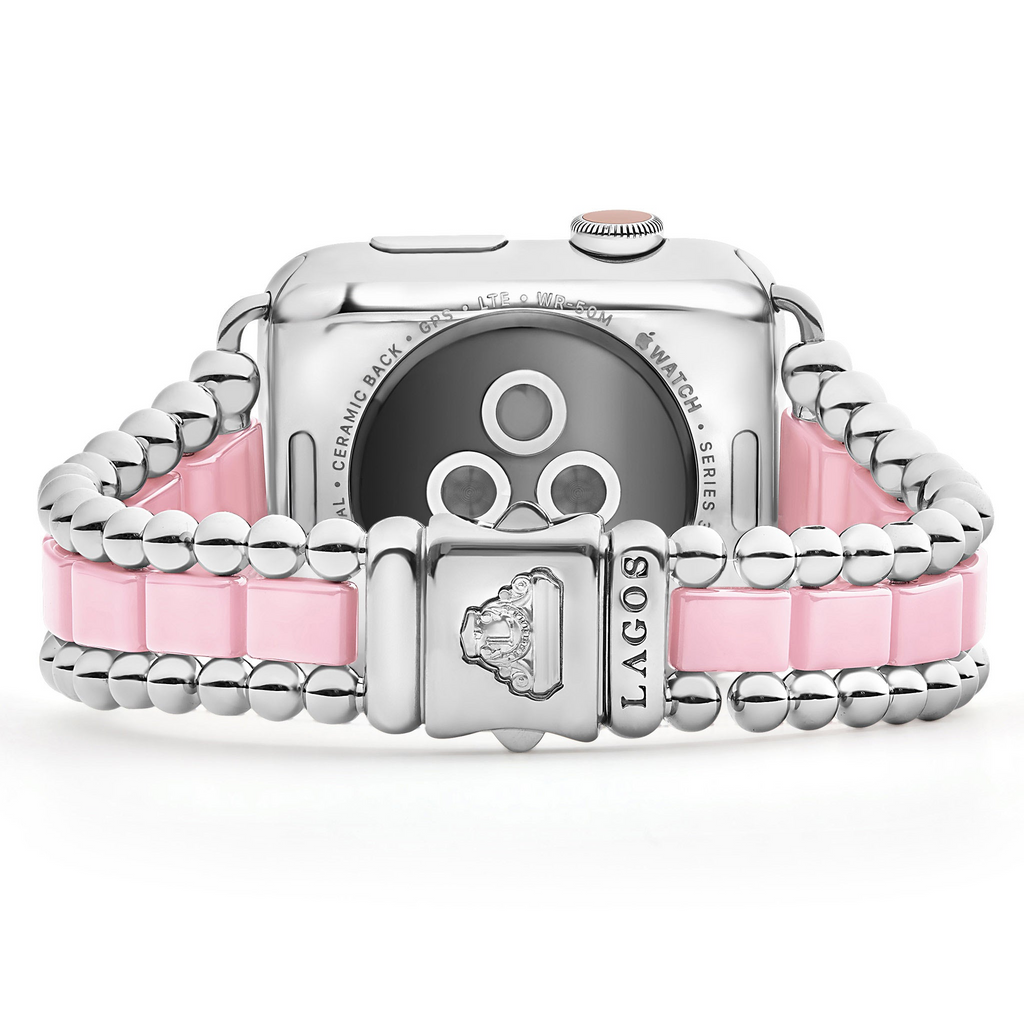Pink ceramic and stainless steel watch band.