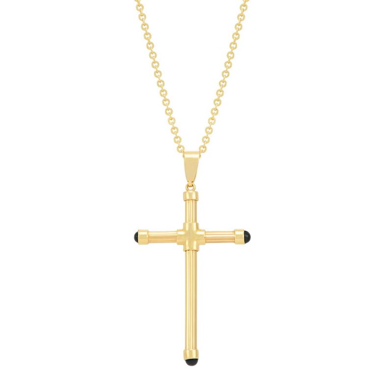 14K yellow gold cross necklace, black accents.