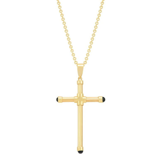 14K yellow gold cross necklace, black accents.