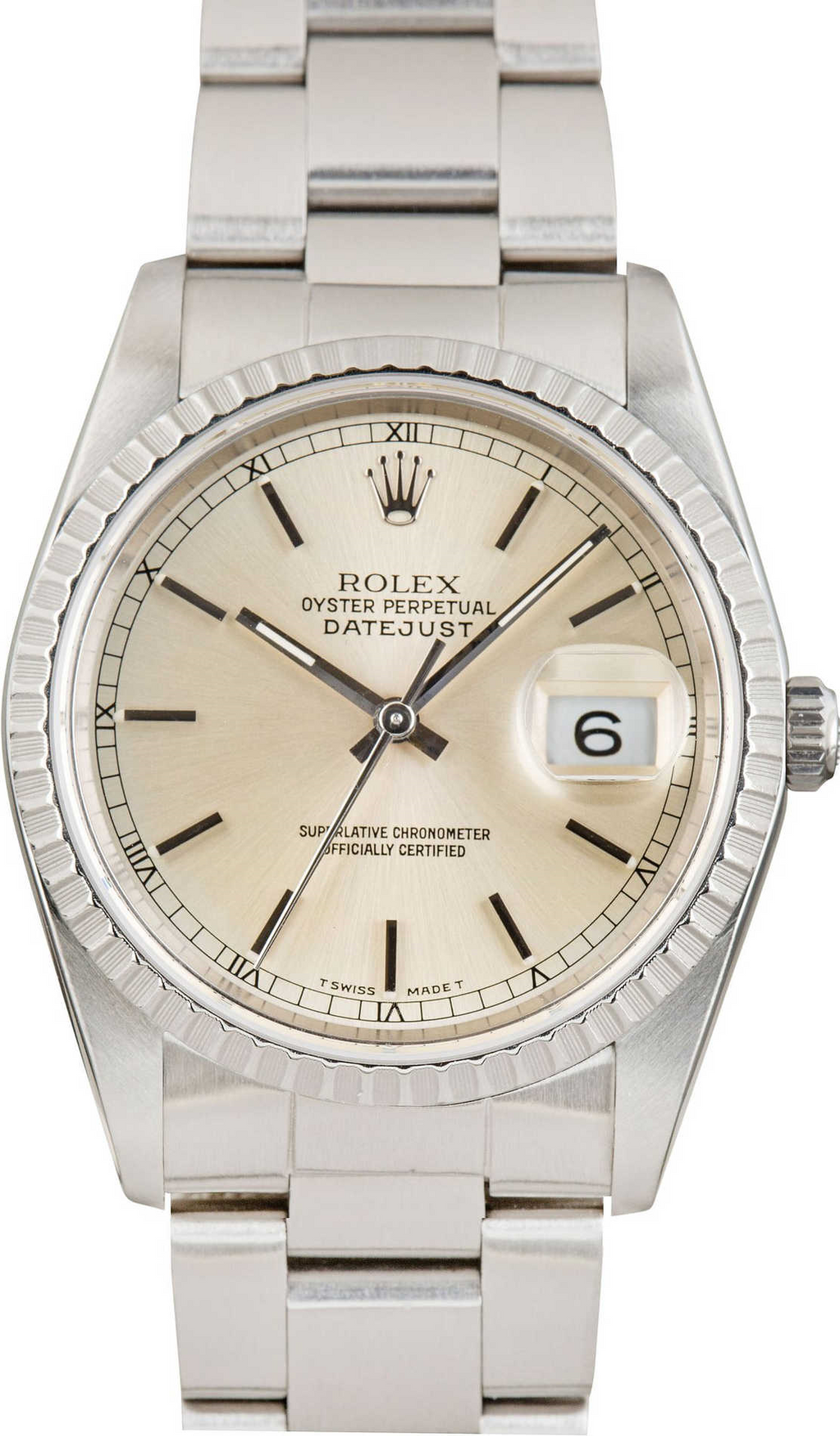Silver Rolex Datejust watch with white gold bezel.