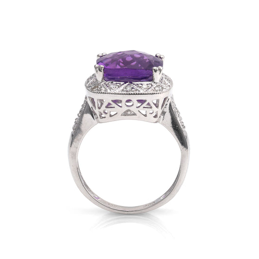 M Estate Collection Color Gemstone Ring in 14 Karat White with 1 Cushion Amethyst 3.37ctw 9.8mm-9.8mm
