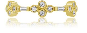Yellow gold ring with various shaped diamonds.