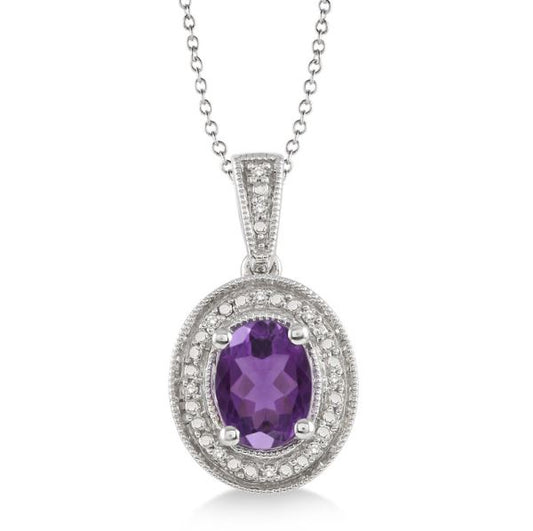 Pendant Color Gemstone Necklace in Sterling Silver White with 1 Oval Amethyst 8mm-8mm