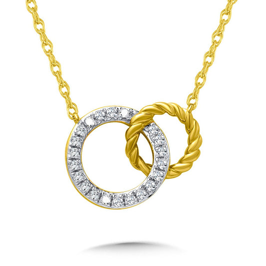 Diamond and twisted gold interlocking circles necklace.