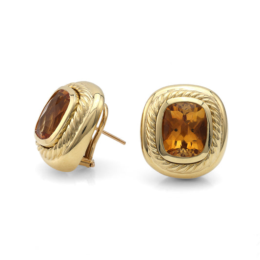 Stud Color Gemstone Earrings in 18 Karat Yellow with 2 Cushion Citrines 8.50ctw 12mm