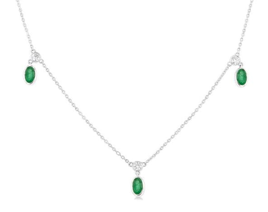 Station Color Gemstone Necklace in 14 Karat White with 5 Oval Emeralds 5mm