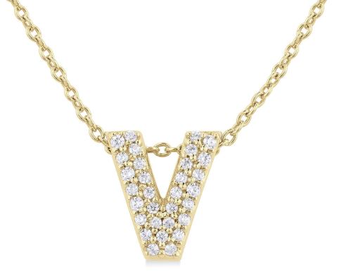 Yellow gold initial necklace with round diamonds.