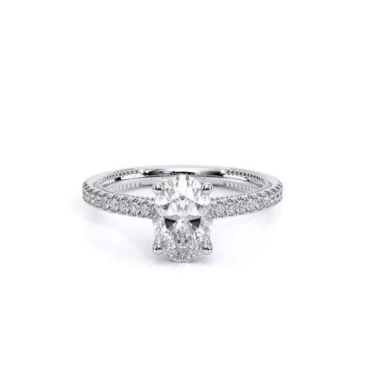 White gold ring with round diamond accents.