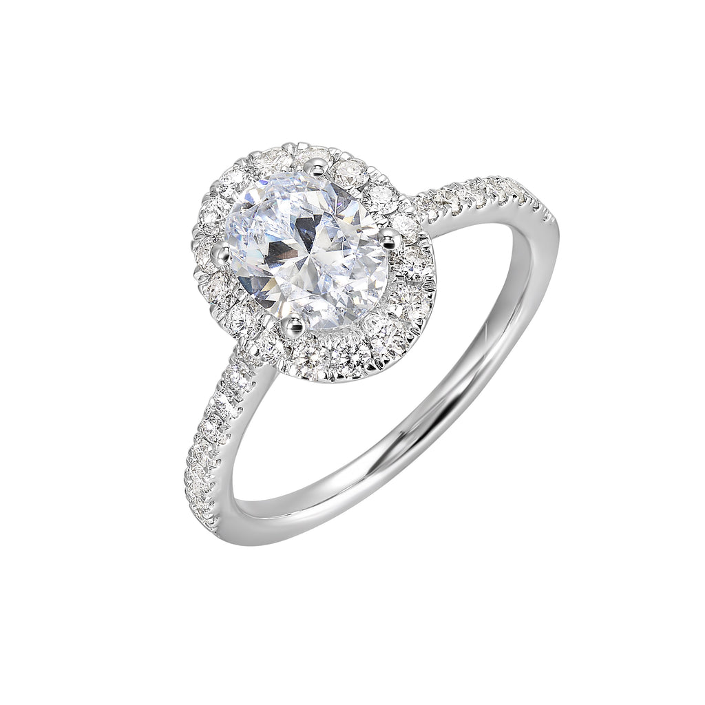 Halo diamond ring in white gold.