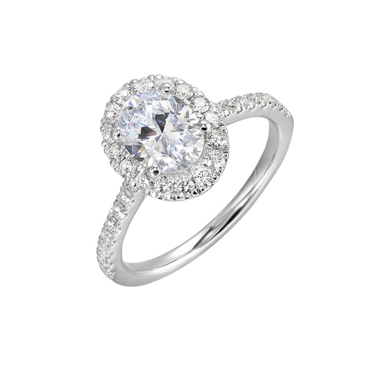 Halo diamond ring in white gold.