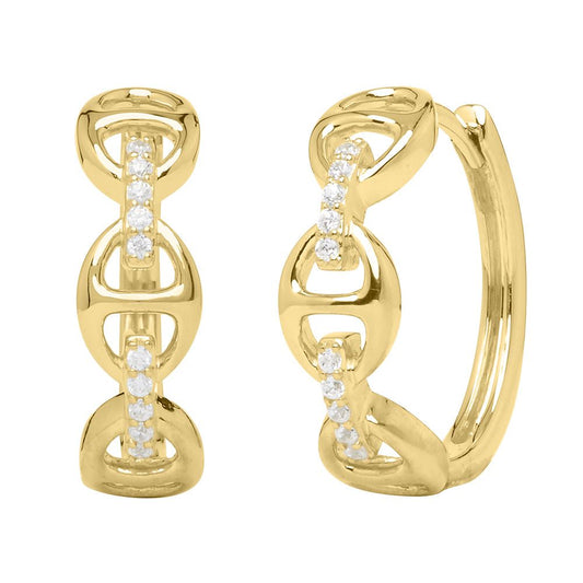 14K yellow gold hoop earrings with diamonds.