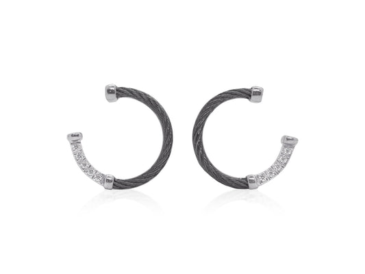 Drop Natural Diamond Earrings in Stainless Steel Cable - 18 Karat White - Black with 0.08ctw Round Diamonds