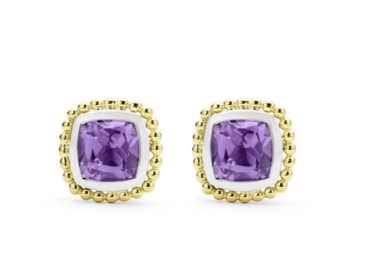 LAGOS Caviar Color Collection Stud Color Gemstone Earrings in Sterling Silver with 2 Cushion Amethysts 5mm