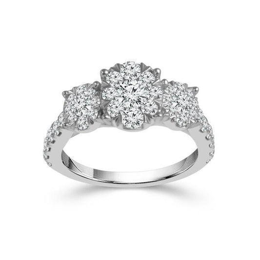 Three Stone Hidden Accent Cluster Natural Diamond Complete Engagement Ring in 14 Karat White with 1.43ctw J/K I1 Round Diamonds