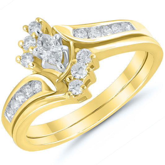 Pre-Set Earth Mined Diamond Earth Mined Complete Diamond Wedding Set in 14 Karat Yellow with 0.16ctw H I2 Marquise Diamond