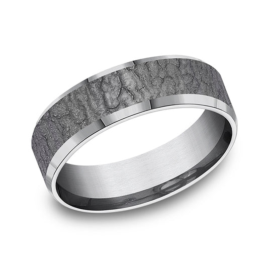 Tantalum grey carved band, wire brush finish.