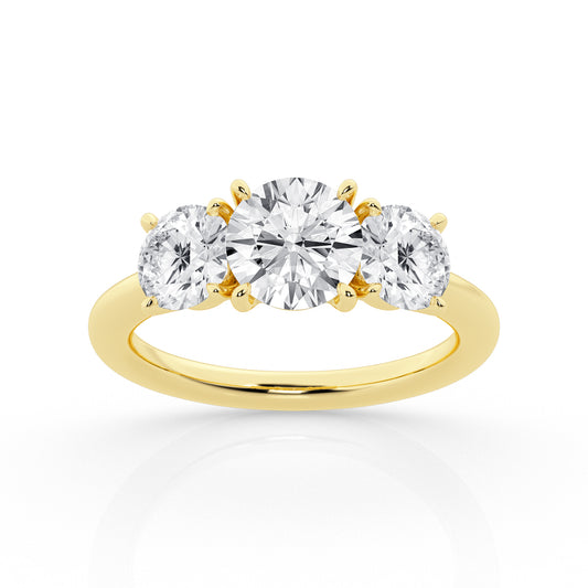 Three Stone Lab-Grown Diamond Complete Engagement Ring in 14 Karat Yellow with 1 Round Lab Grown Diamond, Color: F, Clarity: VS1, totaling 1.5ctw