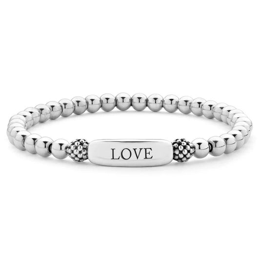 Sterling silver beaded bracelet with "LOVE" engraving.
