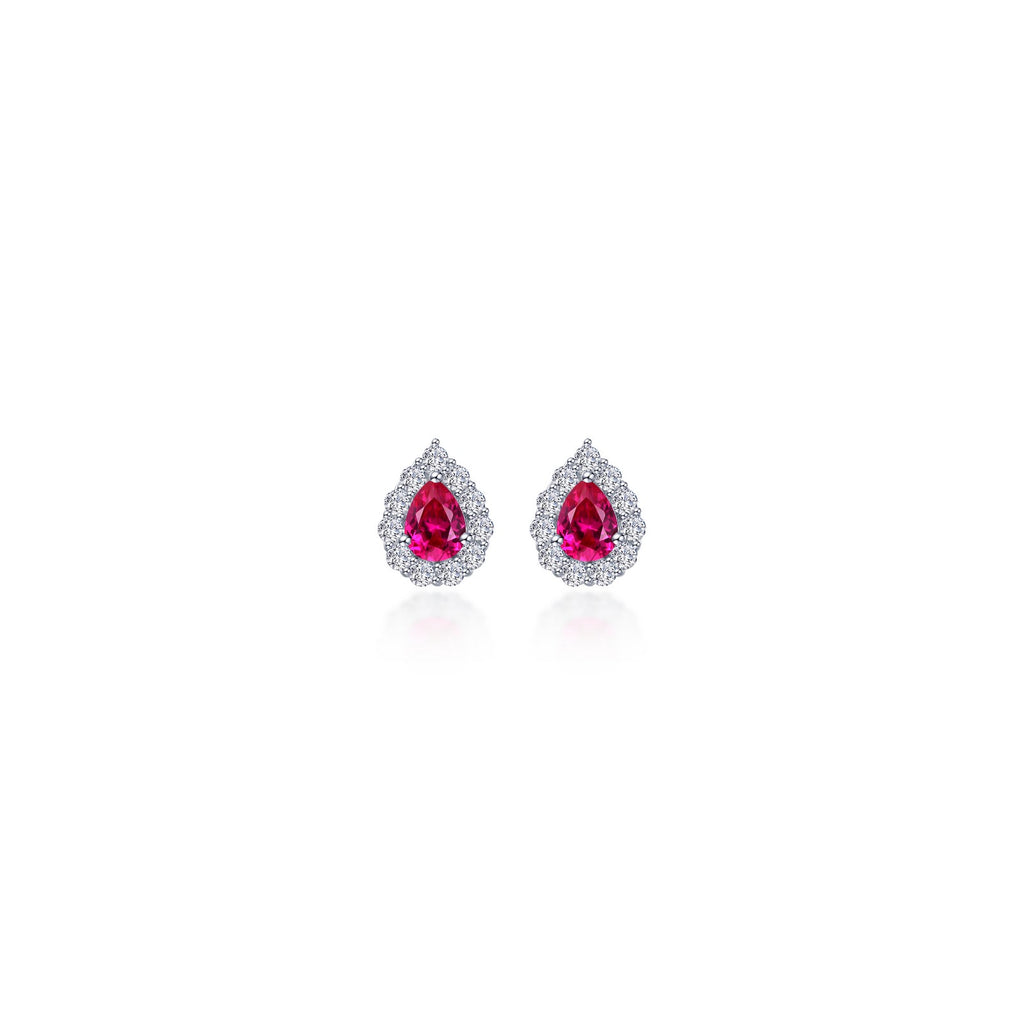 Pear-shaped ruby earrings with diamond halo.