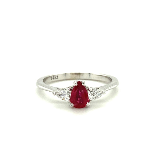 Color Gemstone Ring in 14 Karat White with 1 Pear Ruby 0.50ctw
