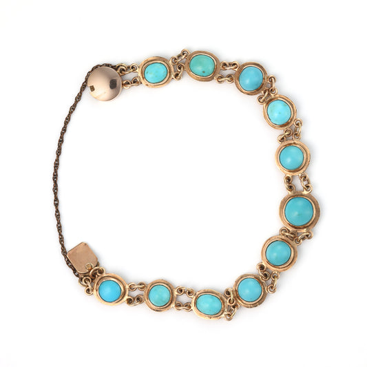 M Estate Collection Alternating Link Color Gemstone Bracelet in 14 Karat Yellow with 11 Cabochon Turquoises